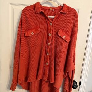 Free People Burnt orange Button-Up Waffle Knit Shirt.